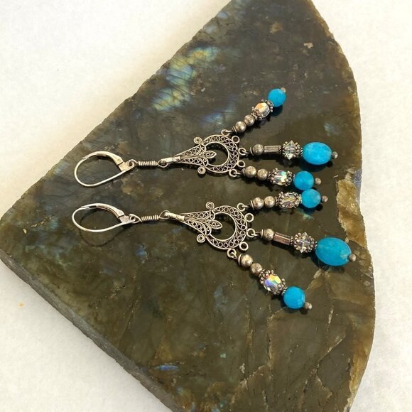 Sterling Silver 925 Blue Glass Beaded Filigree Fringe Chandelier Dangle Earrings - Picture 4 of 15